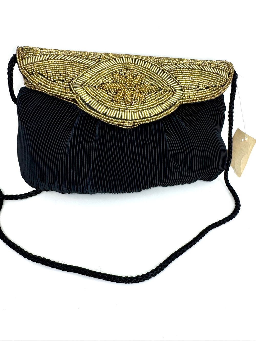 Vintage 1980s Carolyne Barton Gold Beaded Black Evening Bag - New Old Stock